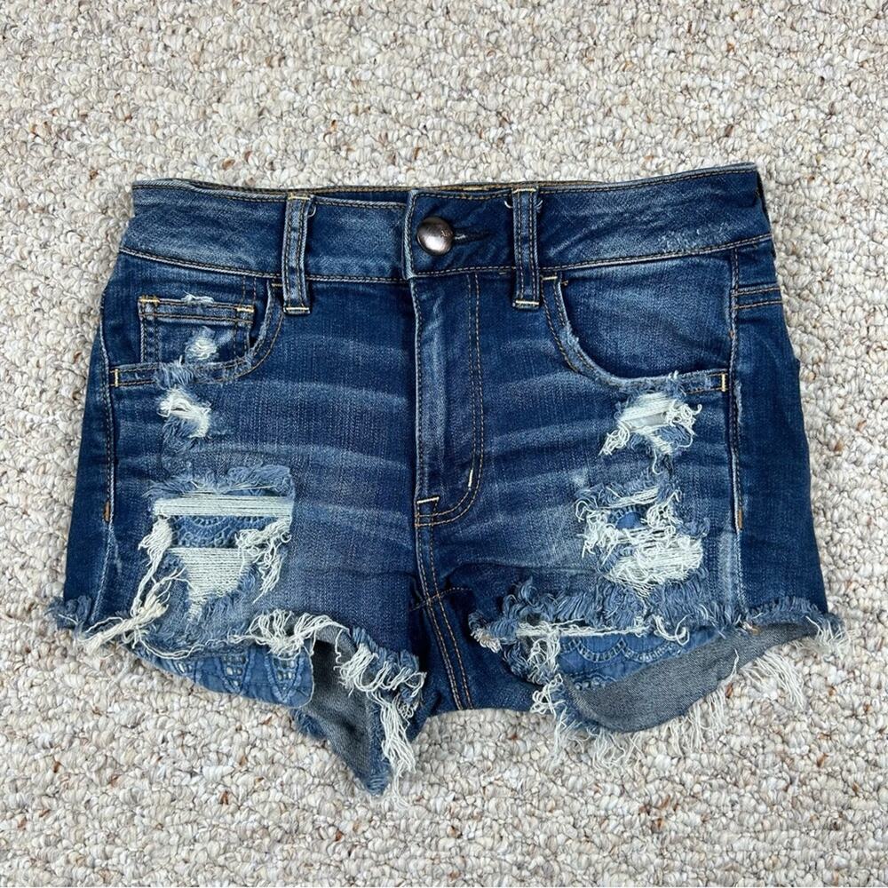 American Eagle Shortie Womens 0 Next Level Stretch Hi-Rise Blue Denim Jean Lace